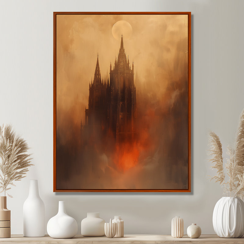 «Grey Orange Winter Mystic Moon On Dracula Caslte», art mural châteaux, Black Floater Framed, H 34 po x l 44 po