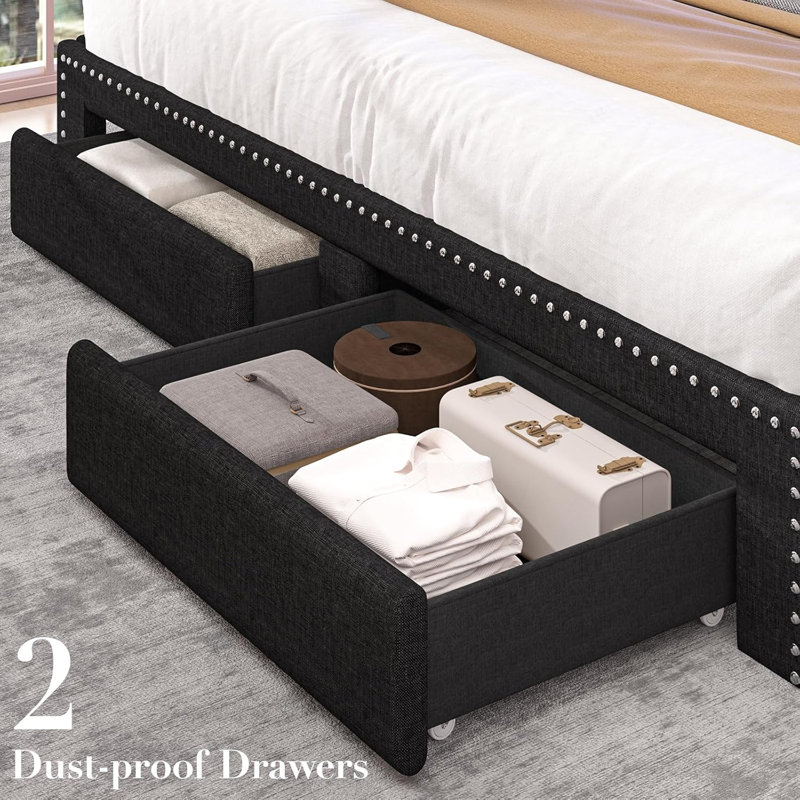Base de lit grand format avec tête de lit à 2 niveaux et station de charge, cadres de lit plateforme tapissiers avec 2 tiroirs de rangement, support à lattes en bois, aucun sommier nécessaire, noir