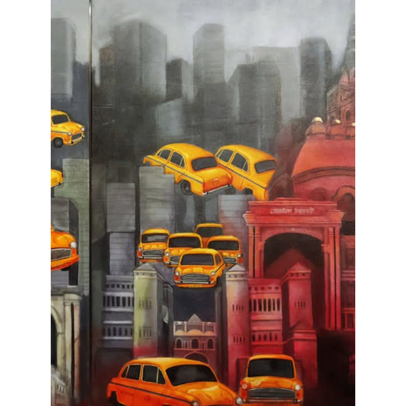 Flying Cars in City Acrylic on Canvas Painting by Payel Mitra, 30" H x 36" W Inch Contemporary Indian Futuristic Urban Art Wall Decor