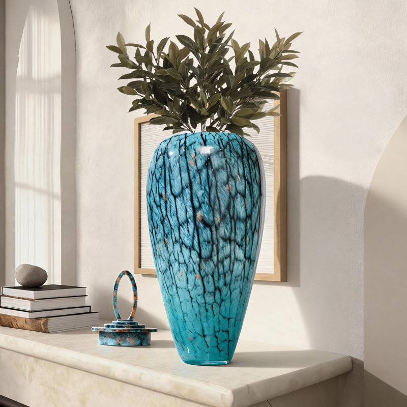 Hand-blown fashionable blue tree-shaped textured colored glass tabletop modern vase with glazed glass texture and wide mouth decorative vase