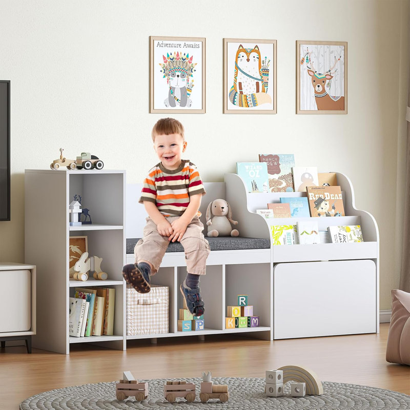 67” Kids Bookshelf and Bookcase, Reading Nook with Bench, Modern Kids Bookshelf with Seat Cushion and 6 Storage Cubbies, Toy Storage Box on Wheels, Toy Chest for Nursery, Classroom White