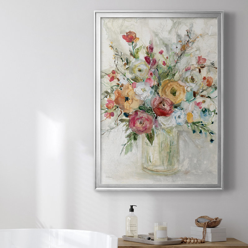 Toile contemporaine encadrée de qualité supérieure avec bouquet contemporain, Argent, H 24,5 po x l 18,5 po