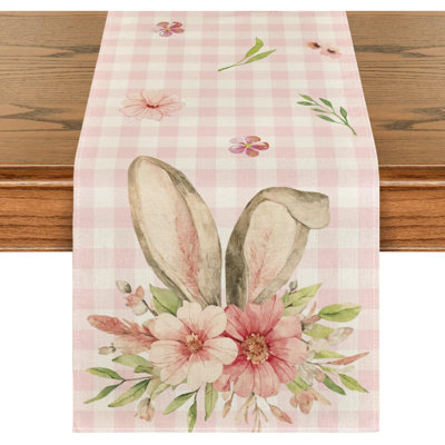 Pink Buffalo Plaid Bunny Ears Flower Easter Table Runner, Spring Seasonal Holiday Kitchen Dining Table Decoration For Home Party Decor 13 X 72 Inch
