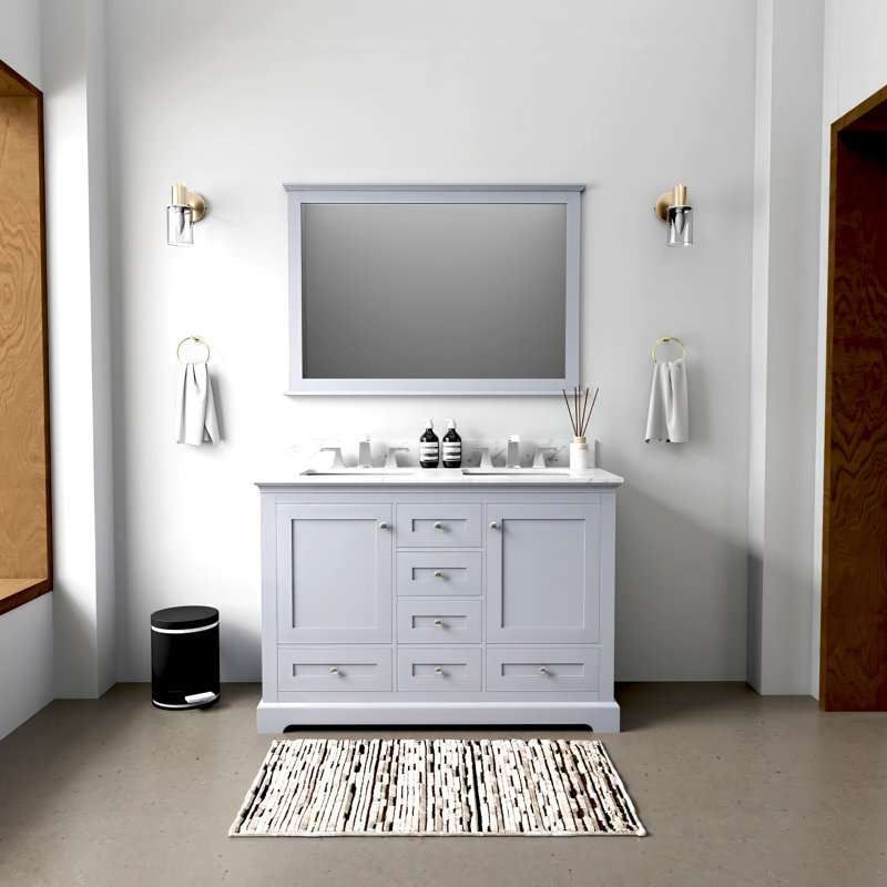 Dukes 48 in. W x 22 in. D Double Bath Vanity, Faucet Set, & 46 in. Mirror, Dark Gray, White Carrara Marble
