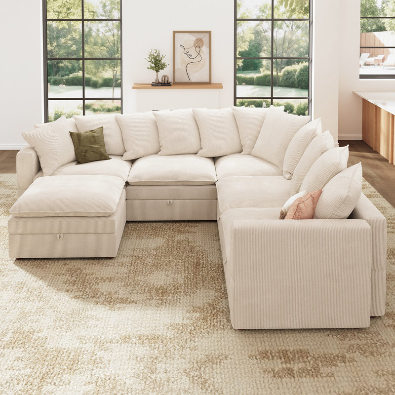  Wynter U-Shaped Corduroy Modular Sectional with Storage, Beige Corduroy, 28.7" H x 105.5" W x 105.6" D