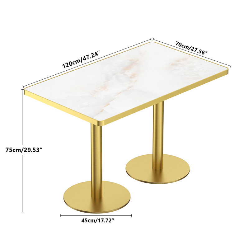 Table de salle à manger rectangulaire 47,24 "en faux marbre blanc moderne, table de bureau rectangulaire avec deux socles en or