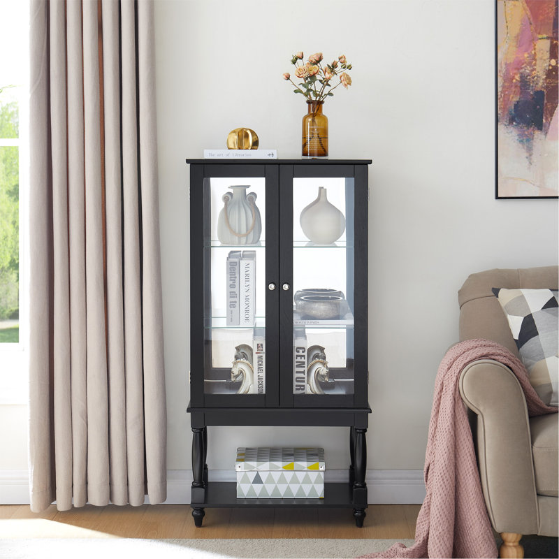 Curio Cabinet Lighted Curio Display Cabinet With Open Storage Space,Solid Wood Legs And Adjustable Shelves, Acrylic Mirrored Back Panel, Tempered Glass Doors,3 Tier And One Open Space(E26 Light Bulb N