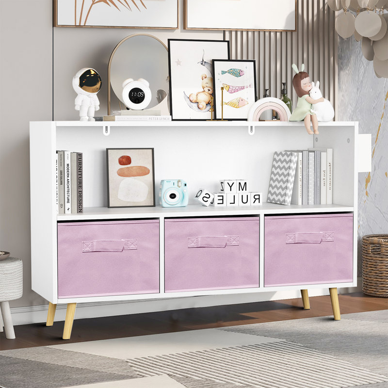 Judene Wooden Bookcase with Three Removable Fabric Drawers, White/Pink