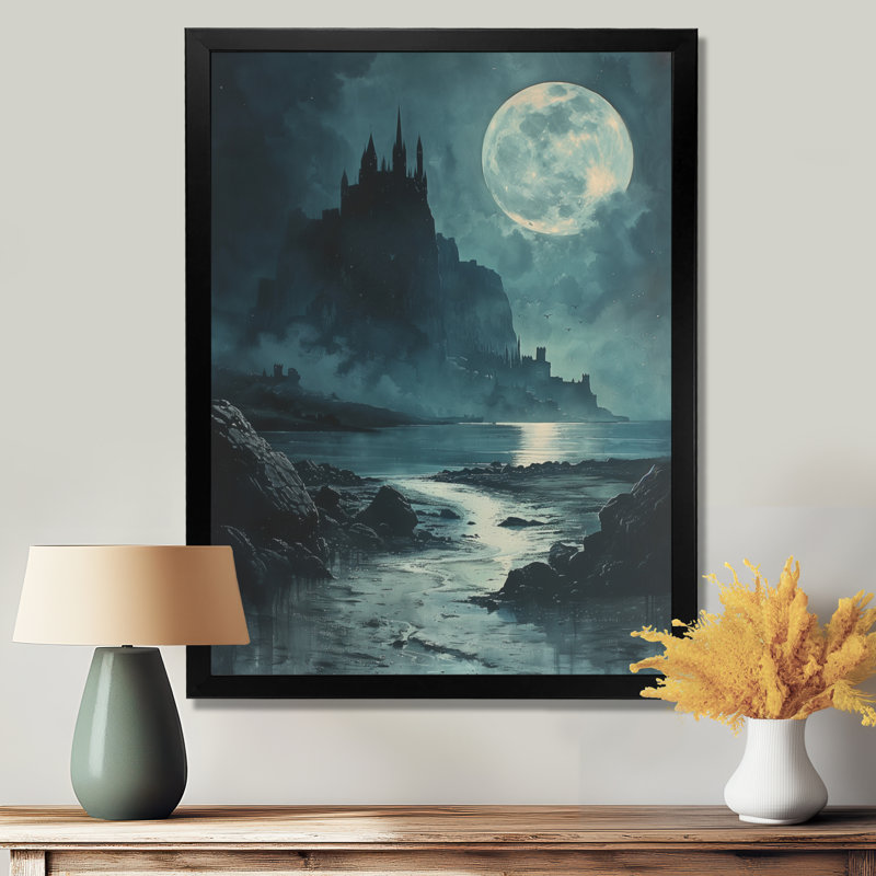 Art mural noir et bleu, château de vampire au clair de lune II, H 20 po x l 12 po x P 1 po, Toile encadrée noire simple