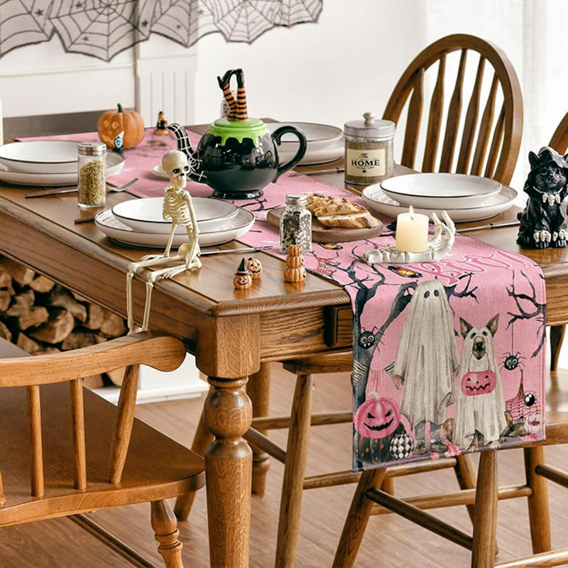 Halloween Table Runner 183 x 33 cm, Ghost Pink Table Runner, Halloween Table Decorations Linen for Kitchen Dinning Home Seasonal Holiday Party Decor
