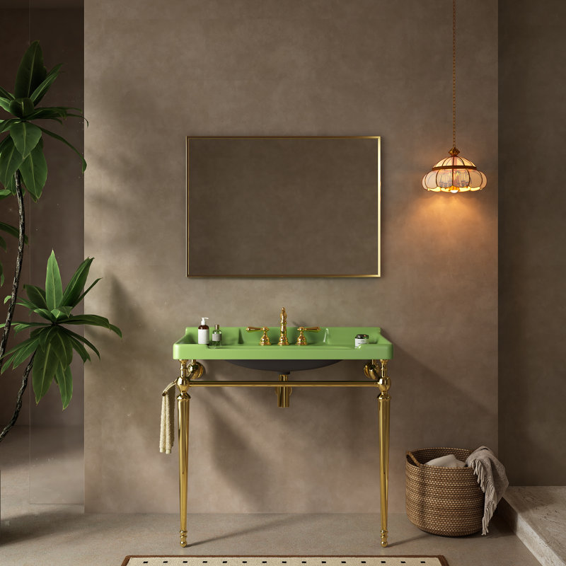 36" Wall-mounted Green Ceramic Console Sink - 3 Pre-drilled Faucet Holes, Freestanding Stainless Steel Support Legs With Towel Bar, No Faucet