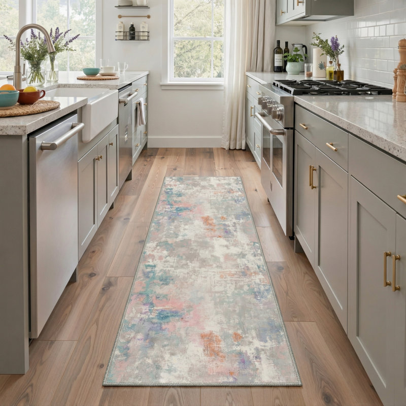 Pavelina Abstract Watercolor Machine Washable Beige / Pink / Green Indoor Area Rug with Non-Slip Backing, Runner 2'6" x 8'