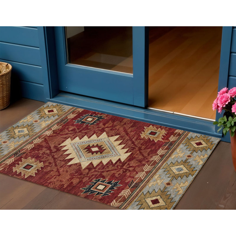 Tapis intérieur/extérieur lavable, 90 x 150 cm, beige rouille et anthracite, à motifs tribaux