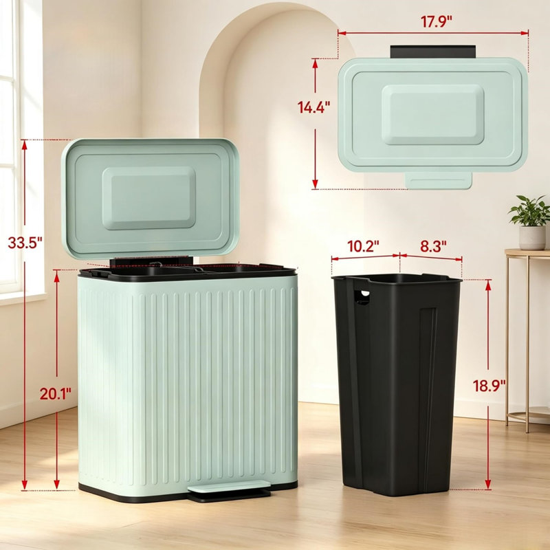 Poubelle double de 2 x 5,3 gallons (20 litres) à pédale, en métal vert pâle, avec couvercle à fermeture douce et seaux amovibles. Parfait pour la cuisine, le bureau et le vestibule.
