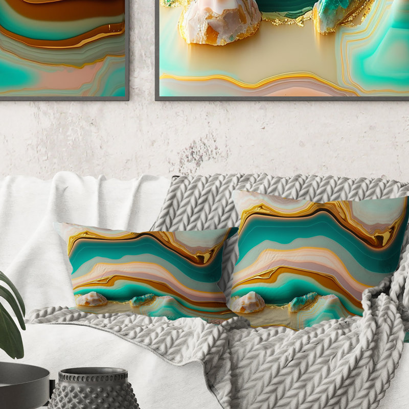 Coussin décoratif à imprimé de formes liquides et or bleu turquoise et agate I