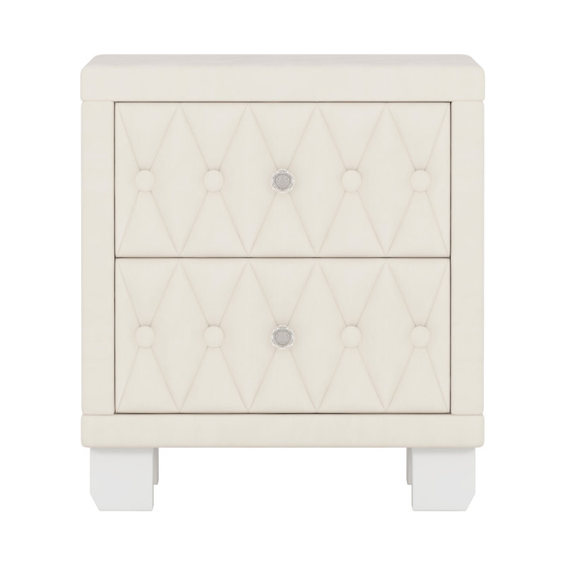 Dainty Beige Velvet Bedside Storage With 2 Drawers, Crystal - Studded Handles And Button Pattern, Frame Regal Style, Solid