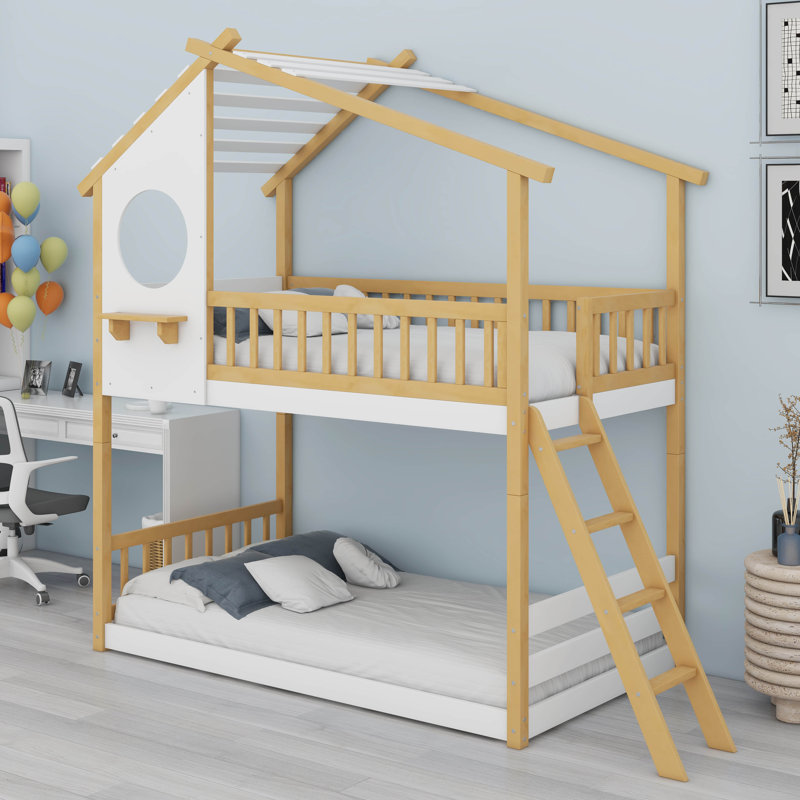 Lit superposé simple au-dessus de simple avec toit, fenêtre et échelle, lit superposé en bois pour enfants