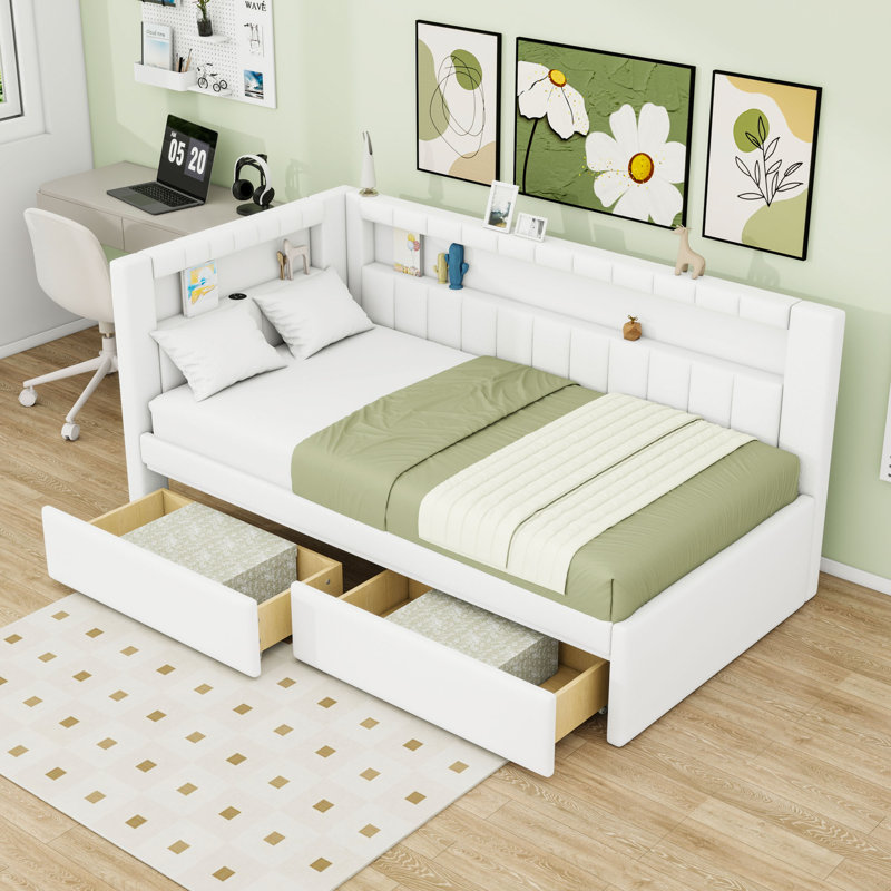 Twin Wooden Upholstered Daybed Bed with Storage Drawers, LED Lights and USB Ports, White