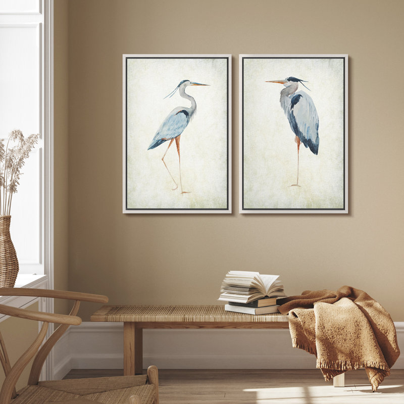 «Blue Heron Bird Portrait Coastal Beach Decor», ensemble de 2 reproductions d'art encadrées sur toile, Blanc