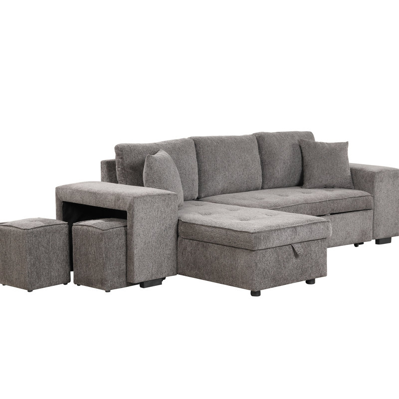 L-Shape Sectional With Sleeper, 2 Stools, Storage, Square Foot Style, Charcoal 104.5" Reversible Couch Storage Chaise & Chairs, Living Room