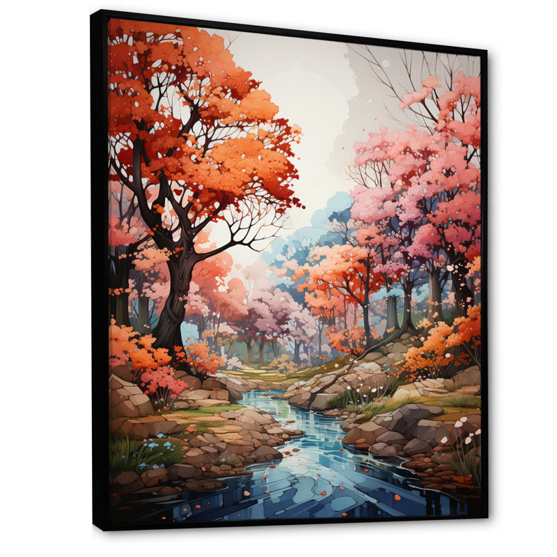 «Peach Maple Trees Enchanted», impression d'art mural floral, H 32 po x l 24 po x P 1 po, Cadre flottant noir