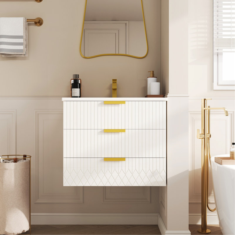 Armoire murale suspendue 24 po avec tiroir double, petit lavabo de salle de bain rectangulaire flottant avec trou de robinet simple et trop-plein, armoire de salle de bain moderne avec lavabo en céramique