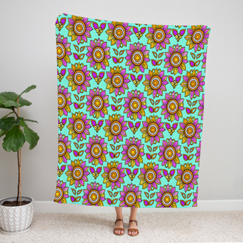 Throw Blanket, 68" W x 80" L, Floral/Abstract, Pink/Light Blue/Orange