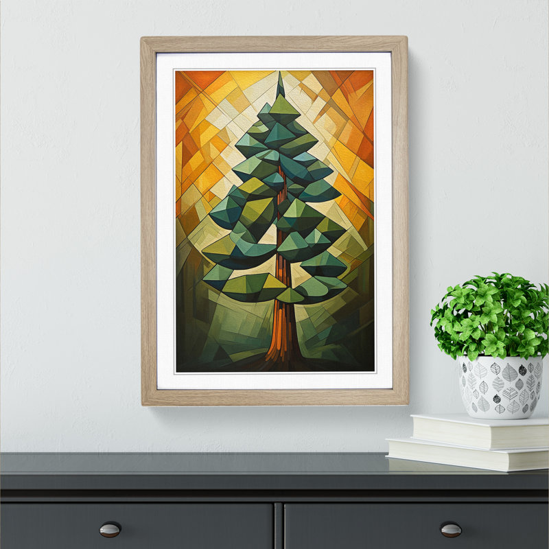 Pine Tree Cubism No.2 - Single Picture Frame Print on Wood, Oak Framed, 46cm H x 34cm W x 2cm D