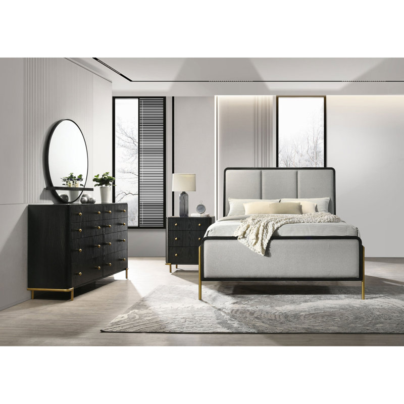 Ensemble de chambre avec très grand lit 4 pièces Anser, Black+Natural, 4 Pcs: Dresser, Mirror, Bed, Nightstand, King