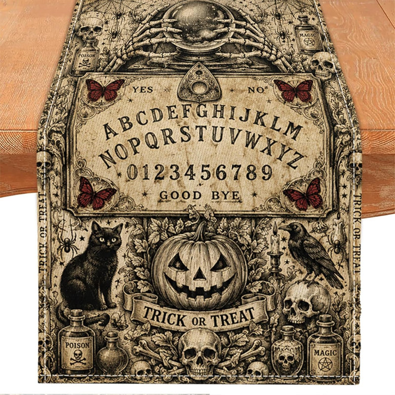 Chemin de table d'Halloween, nappe rétro vintage à motif de crâne gothique pour la fête des morts, décorations d'Halloween pour la maison, dimensions : 33 x 183 cm, polyester