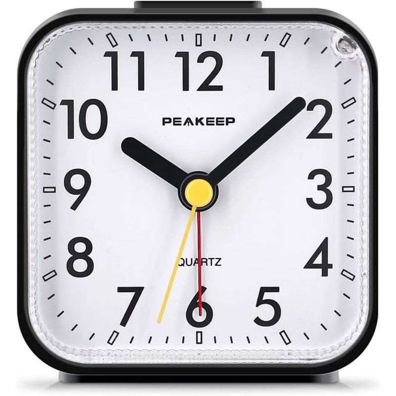 Small Battery Operated Analogue Travel Alarm Clock Silent No Ticking Lighted On Demand And Snooze Beep Sounds, Gentle Wake, Ascending Alarm, Easy Set (Black)