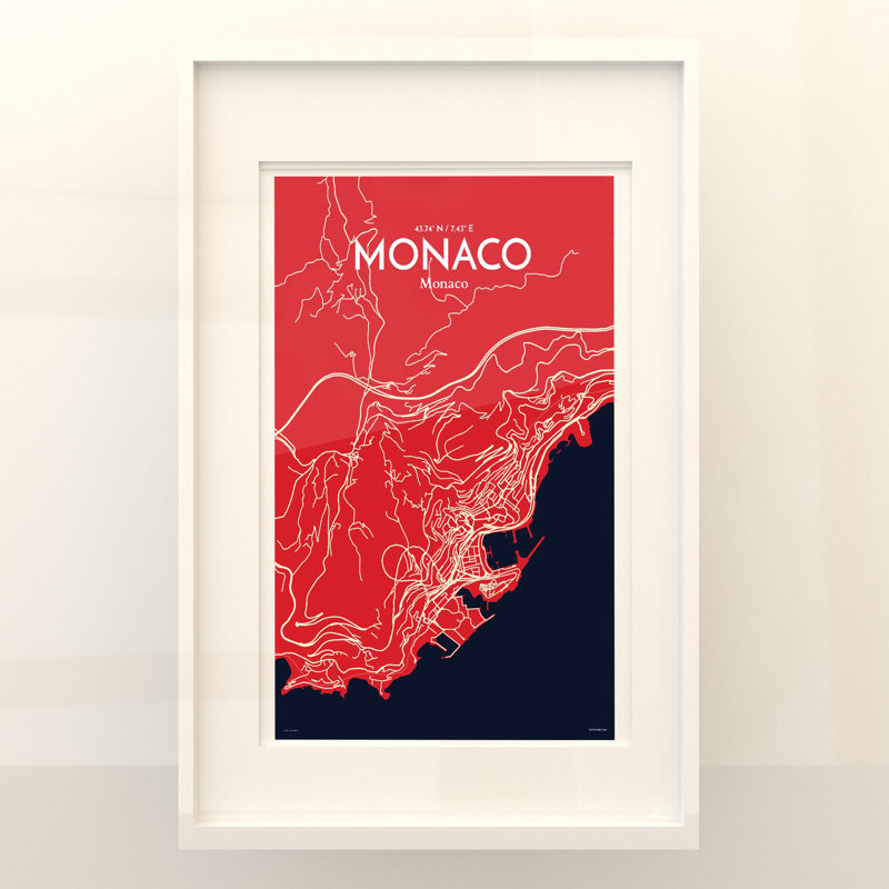 Monaco City Map in Nautical 1 Piece Wall Art, 17cm H x 11cm W x 0.05cm D