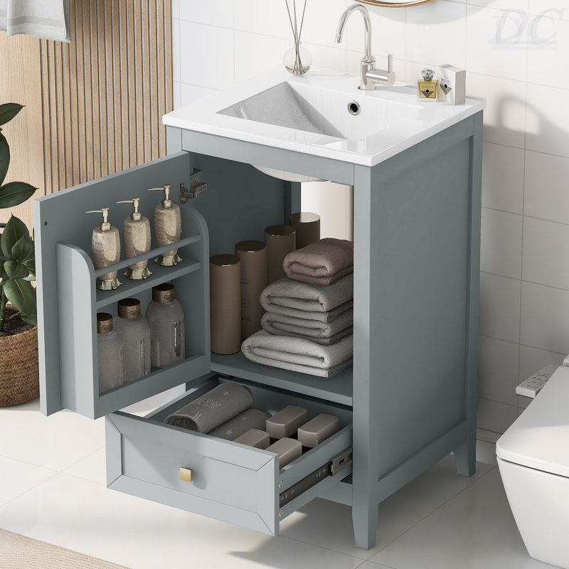 Meuble-lavabo de 20 po avec lavabo, armoire de salle de bain avec porte à fermeture douce, support de rangement et tiroir