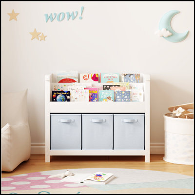 Bibliothèque pour enfants avec rangement à 3 niveaux et 3 bacs en tissu, bibliothèque en bois pour tout-petits pour salle de jeux, chambre de bébé, chambre à coucher - étagère à livres pour jouets et livres
