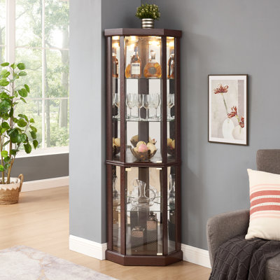Corner Lighted Curio Cabinet Corner Glass Cabinet Lighted Curio Cabinet Corner Display Case For Living Room, Curio Cabinet, Antique Collection, Wine,Bar Glass Storage Light Included
