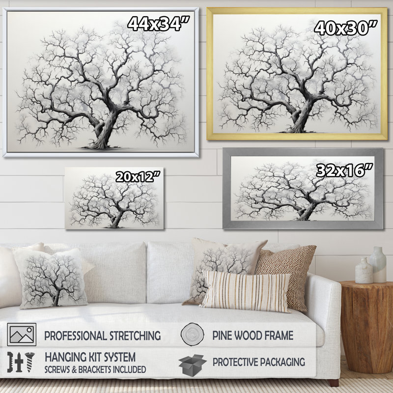 " Minimalism Grey Tree Solitude II ", White Floater Framed, 34" H x 44" W x 1.5" D