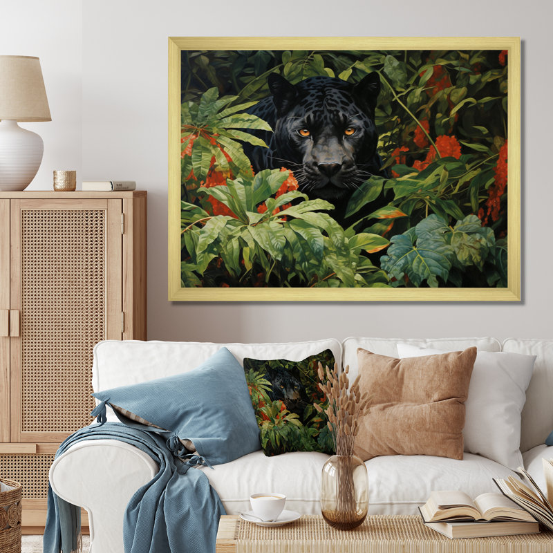 «Black Panther Jungle Roam Oil», art mural panthère pour le salon, H 12 po x l 20 po x P 1 po, Cadre doré simple
