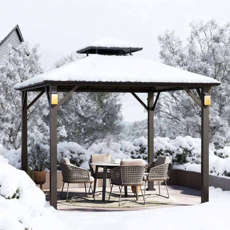 Rowan 10' X 10' Double  Hard Top Outdoor Patio Gazebo With Solar Self Powered LED Lights Per Post, Pavillian Roof