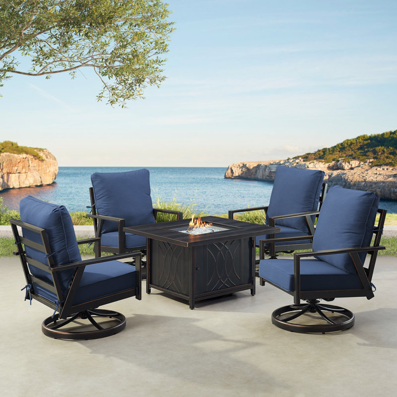 Ensemble de table de foyer en aluminium noir avec quatre fauteuils club, Bleu