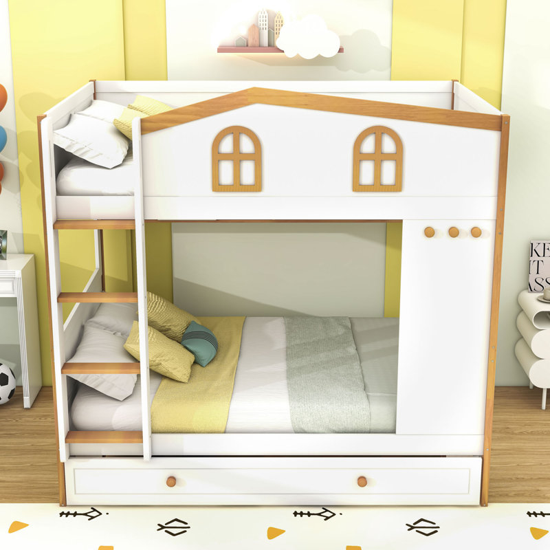 Lit superposé de conception inspirée de la maison avec tablettes et tiroirs de rangement intégrés