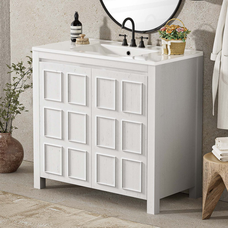 Rangement pour meuble-lavabo 36 po avec lavabo en céramique, Blanc antique