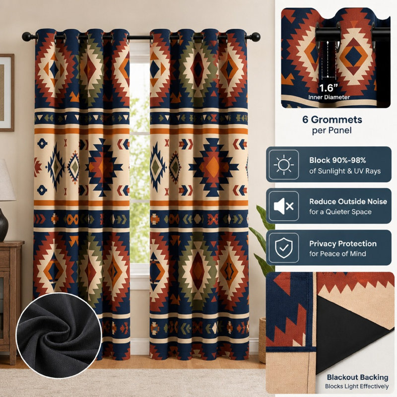 2 pièces rideaux bloquant le soleil du Sud-Ouest, style aztèque tribal, fenêtre de style bohème rustique avec anneau pour la décoration du salon et de la chambre à coucher