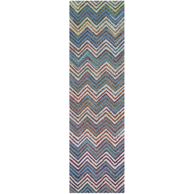 Tapis beige / bleu en laine / coton touffeté à la main Airion, Tapis de couloir 2 pi 3 po x 8 pi