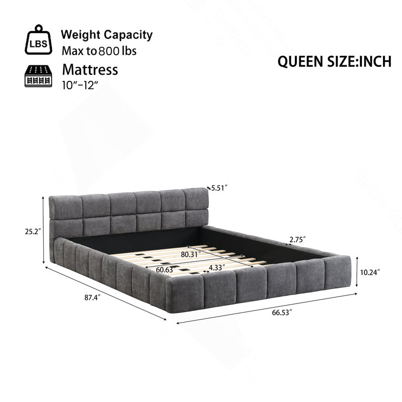 Lit tapissier élégant en chenille beige avec motif damier, grand, gris, Grand lit