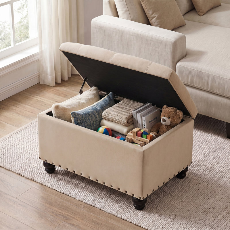 Repose-pieds rectangulaire avec rangement Dhiren, Velours kaki