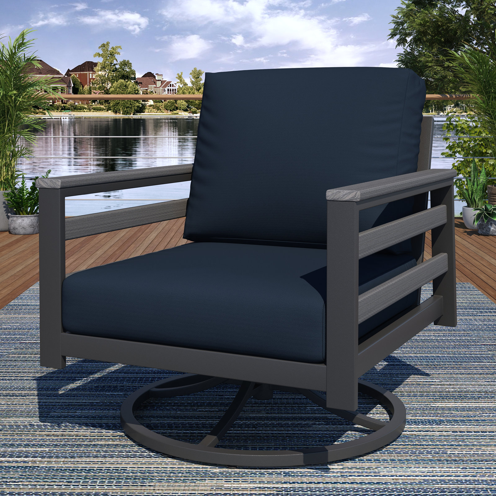 Townsend Sunbrella® Metal Swivel Patio Rocking Chair, Canvas Navy, Gray
