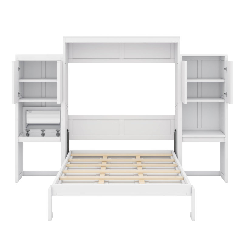 Queen-Sized Murphy Bed Integrated With Desk, Vanity, And Storage Cabinets, White