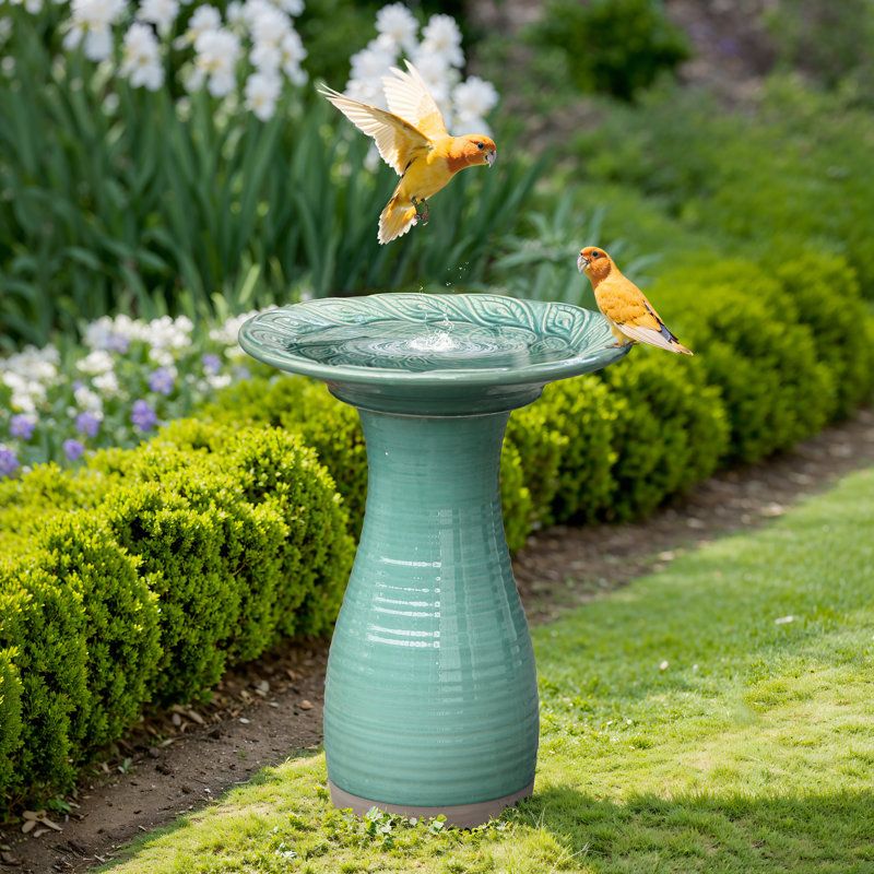 Élégant bain d'oiseaux en céramique pour l'extérieur 20,5 po avec motif de feuilles, vert jade, Vert