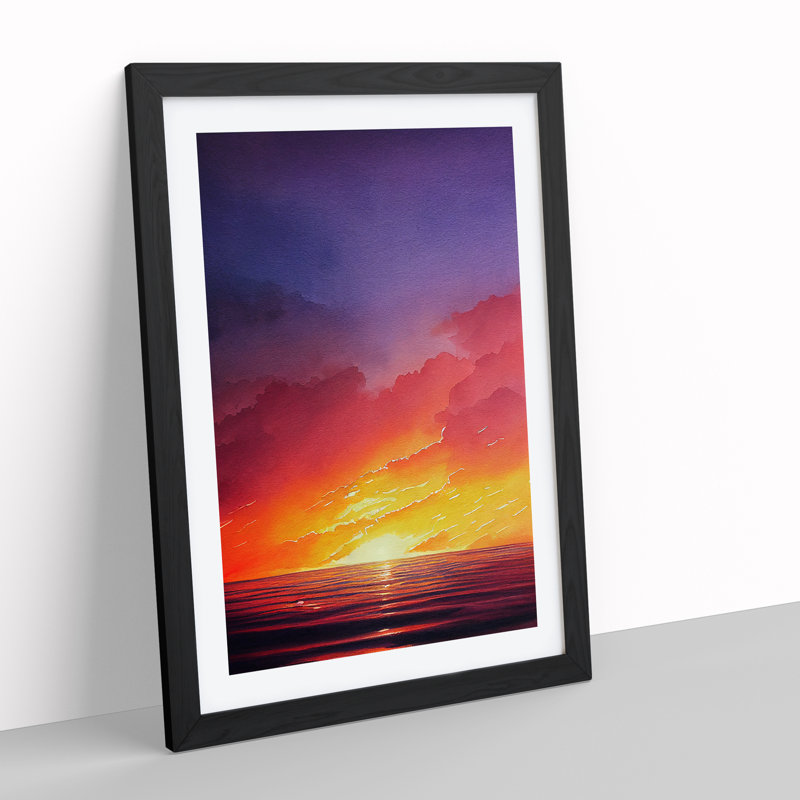 Ocean Sunset In Watercolour No.4 - Single Picture Frame Print, Black, 64cm H x 46cm W