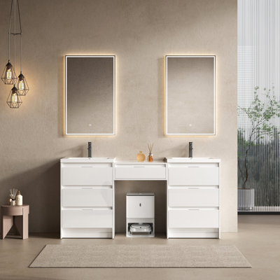 72" Freestanding Bathroom Vanity With Resin Sink, And 1-Side Cabinet Combination, Soft Closing Drawers, Glossy White, Plywood(KD-Packing)